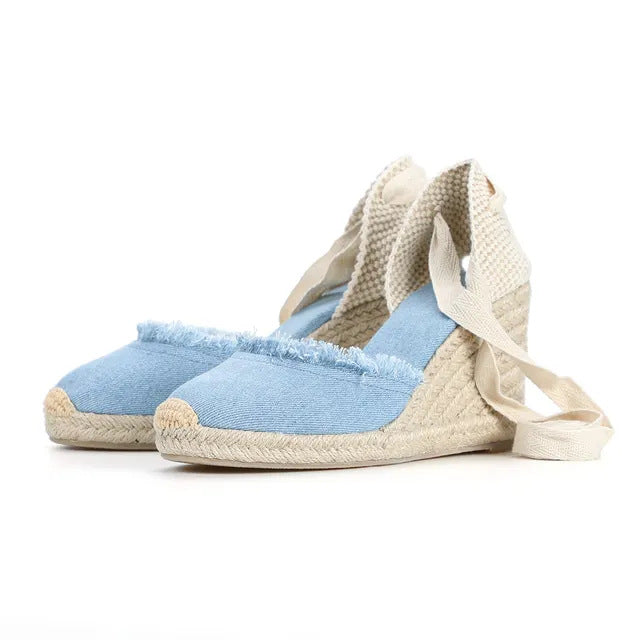 TONIVIS Women's Linen Espadrille 9cm High Wedge Sandals