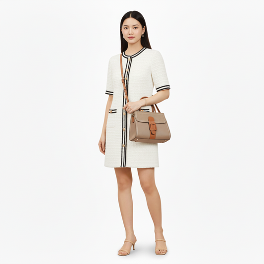 Textured Linear Buckle Satchel Crossbody / Handbag