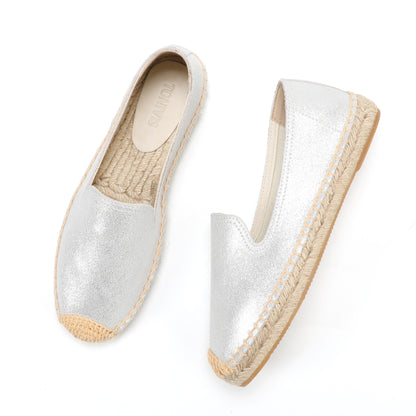 TONIVIS Women's Slip-On Cowhide Leather Espadrille Flats