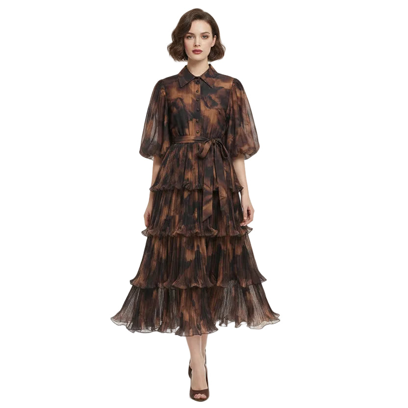 Roseate Puff Sleeve Volume Midi Dress.