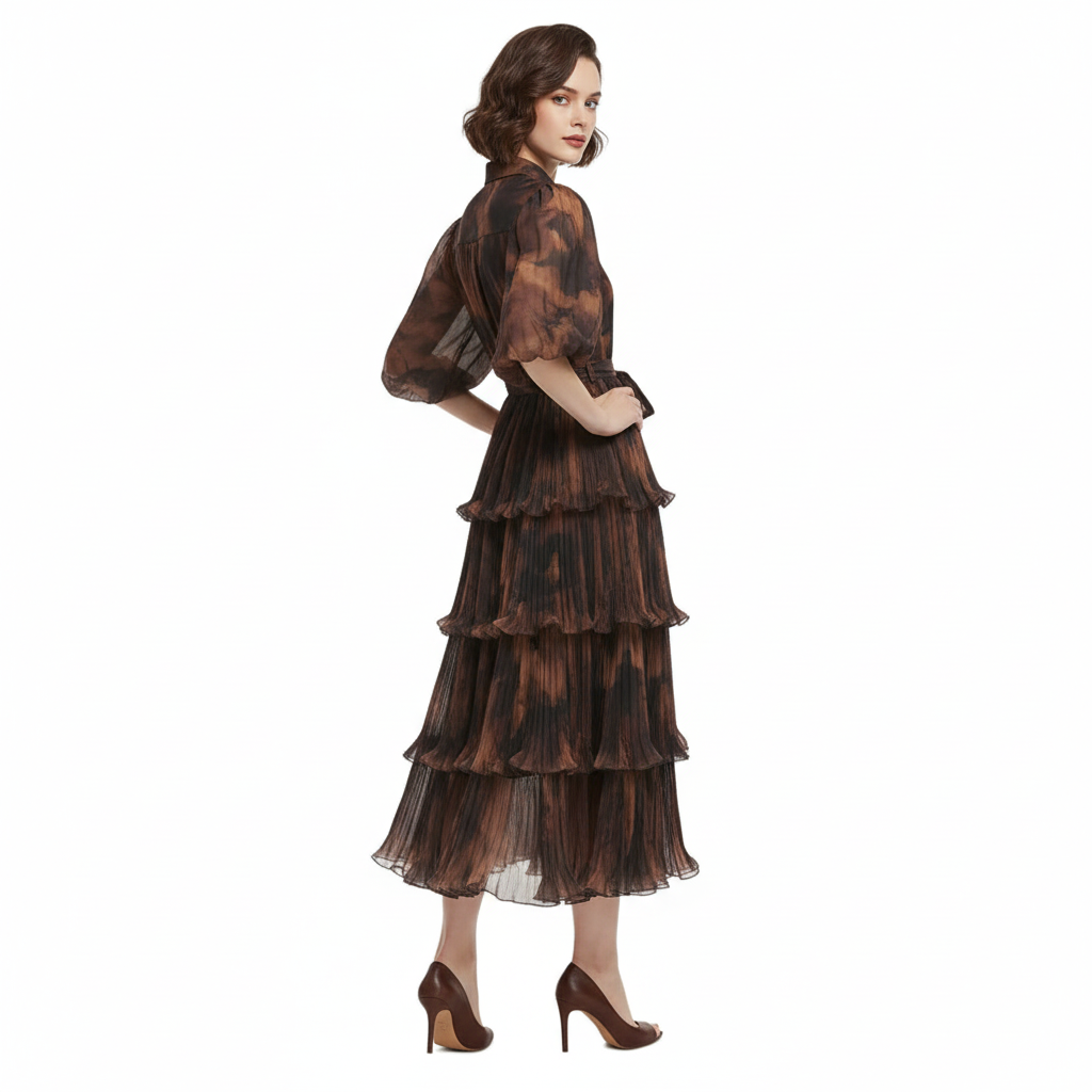 Roseate Puff Sleeve Volume Midi Dress