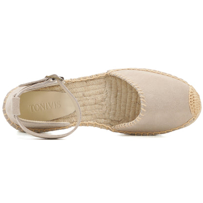 TONIVIS Women's Suede Leather Ankle Strap Espadrille Sandals