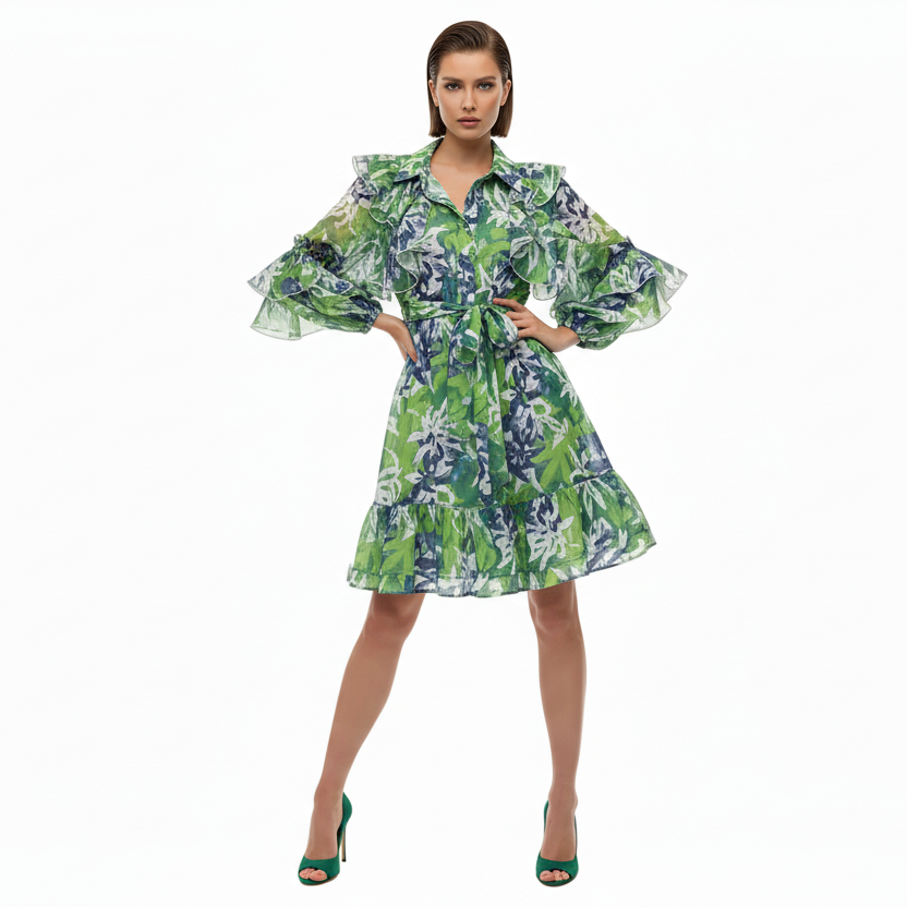 Blossom Waist-Cinching Ruffled Long Sleeve Dress