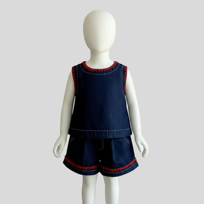 Girl's Bow Denim Summer Clothes 2pcs Set