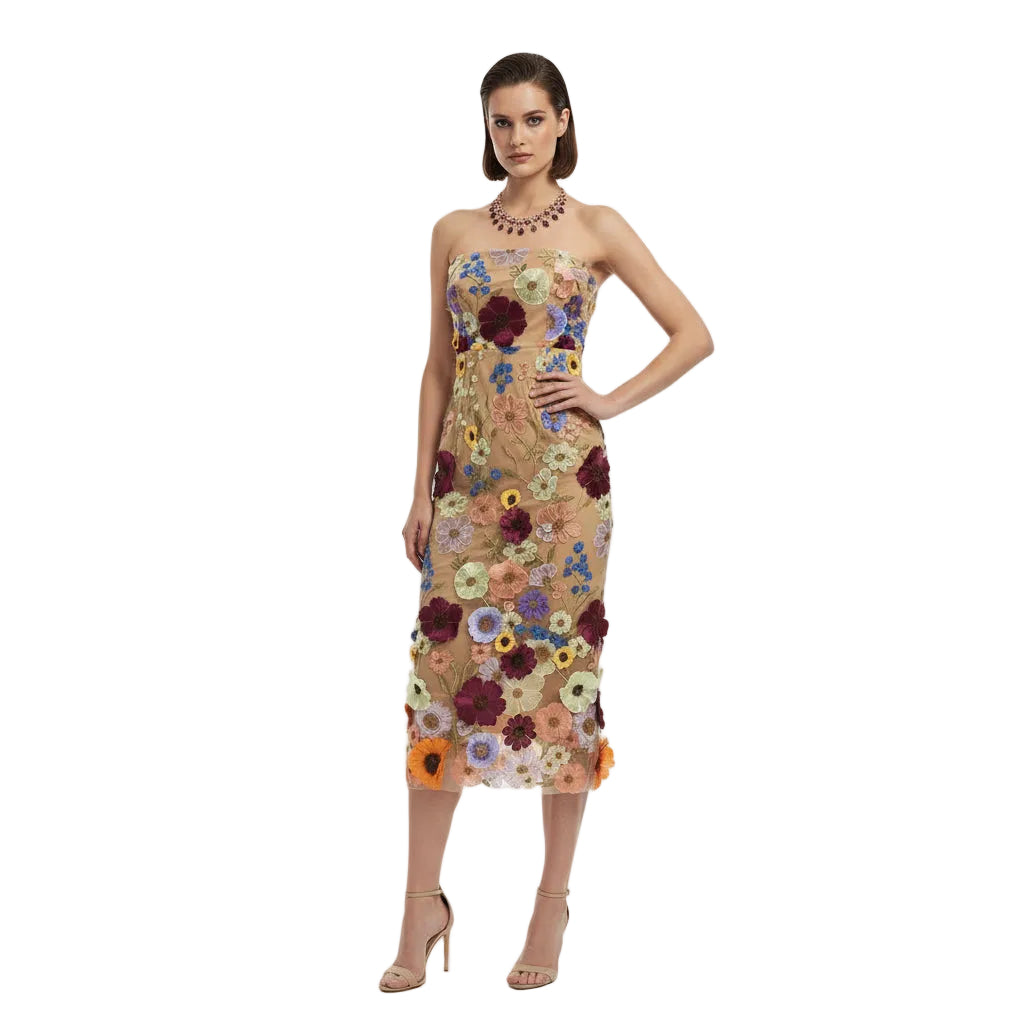 Fleur Embroidered Bandeau Midi Sheath Dress.