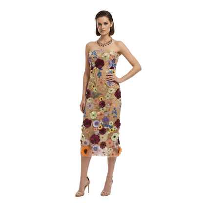 Fleur Embroidered Bandeau Midi Sheath Dress.