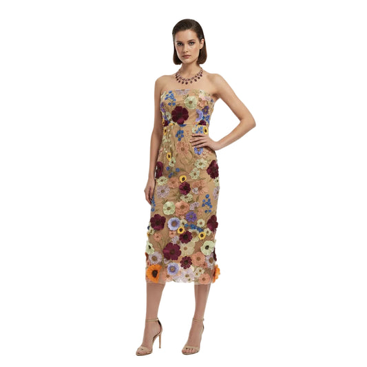 Fleur Embroidered Bandeau Midi Sheath Dress.