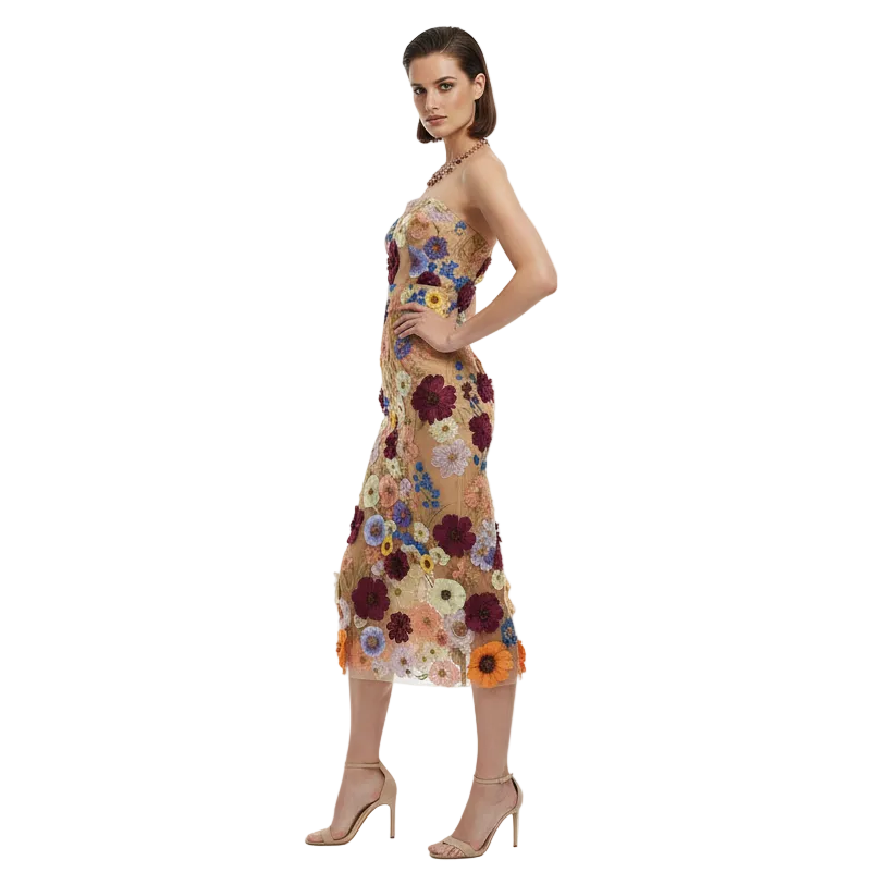 Fleur Embroidered Bandeau Midi Sheath Dress.