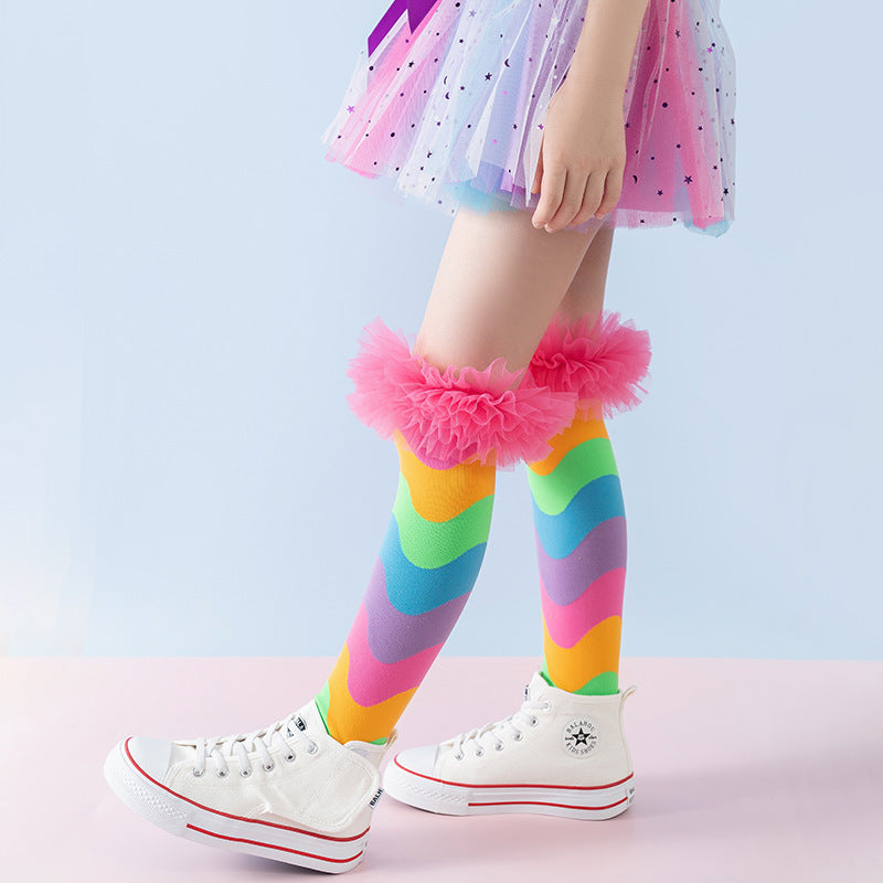Girls' Vibrant Rainbow Wavy Stripe Knee-High Crazy Socks