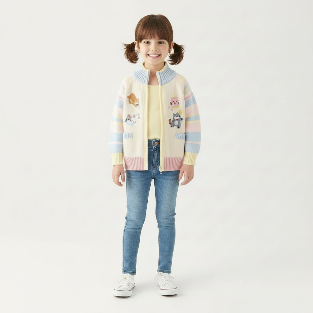 Girls' Cute Cartoon Cat Knitted Zip-Up Sweater Jacket