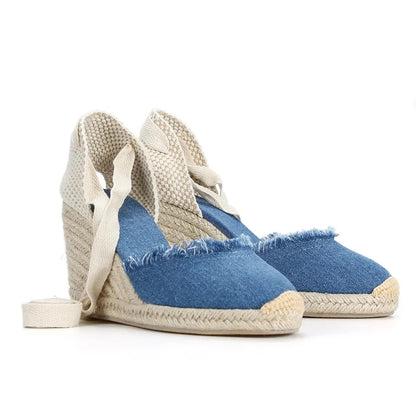 TONIVIS Women's Linen Espadrille 9cm High Wedge Sandals