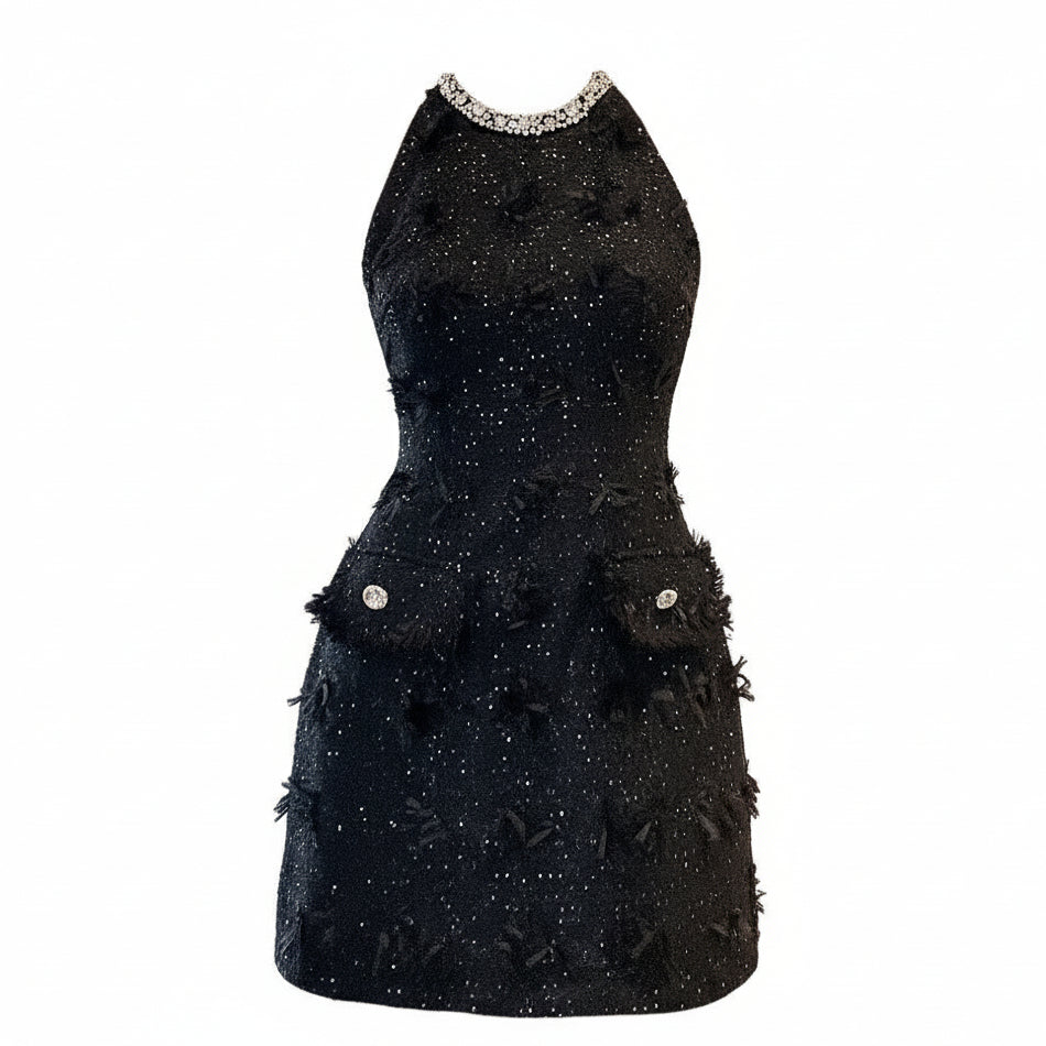 Prestige Tweed Jeweled Neckline Halter Mini Dress.