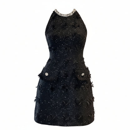 Prestige Tweed Jeweled Neckline Halter Mini Dress.