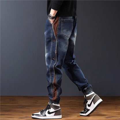 Men's Retro Denim Joggers with Corduroy Trim