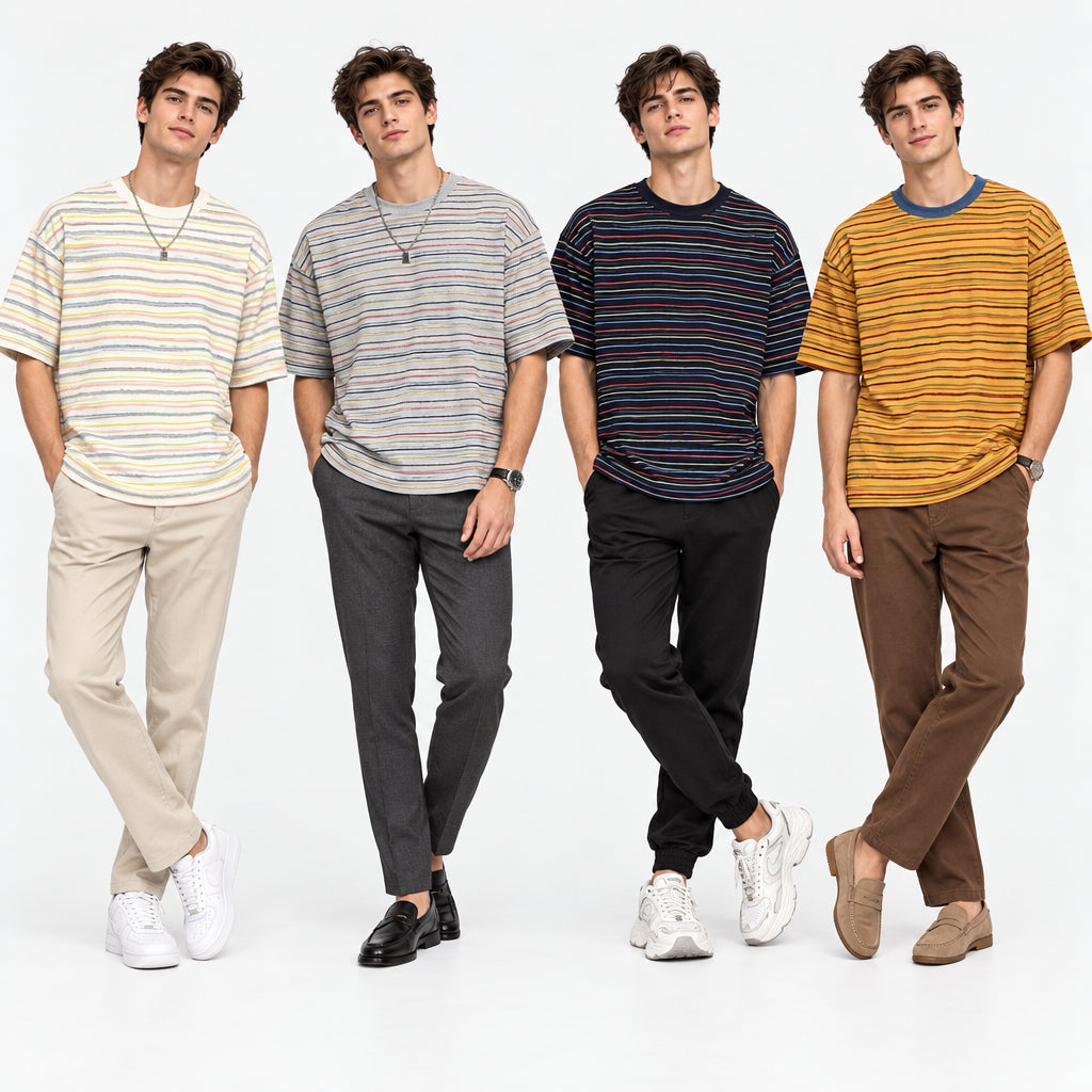 Jacquard Retro Textured Multi-Color Striped T-Shirt