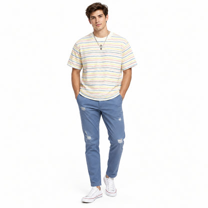Jacquard Retro Textured Multi-Color Striped T-Shirt