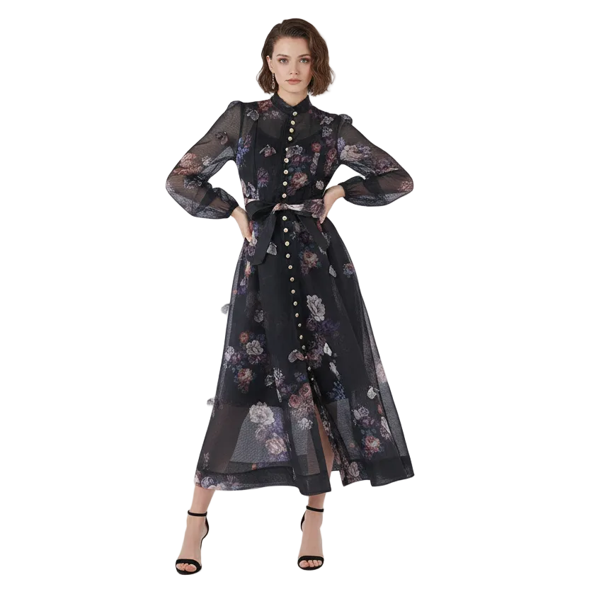 Fleura Embroidered Long Lantern Dress