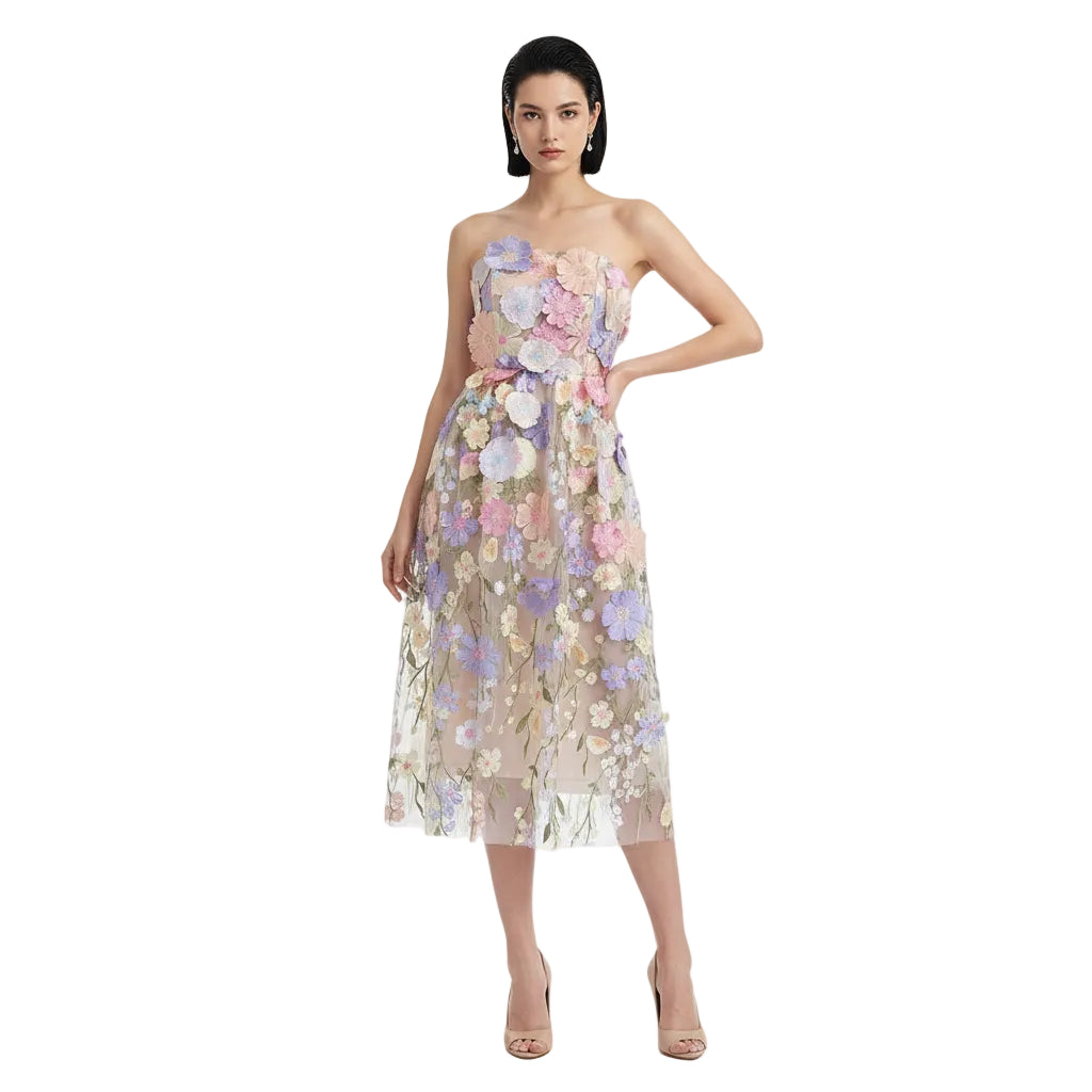 Embroidered Pink Bandeau Midi Dress.