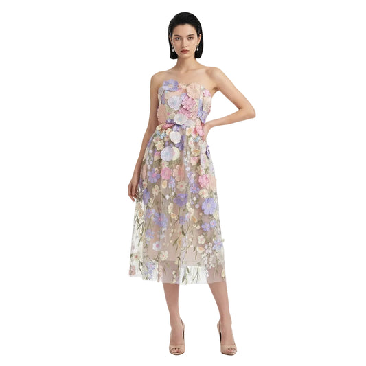 Embroidered Pink Bandeau Midi Dress.