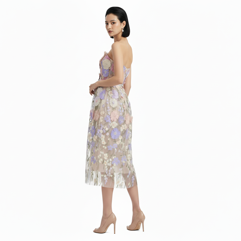Embroidered Pink Bandeau Midi Dress.