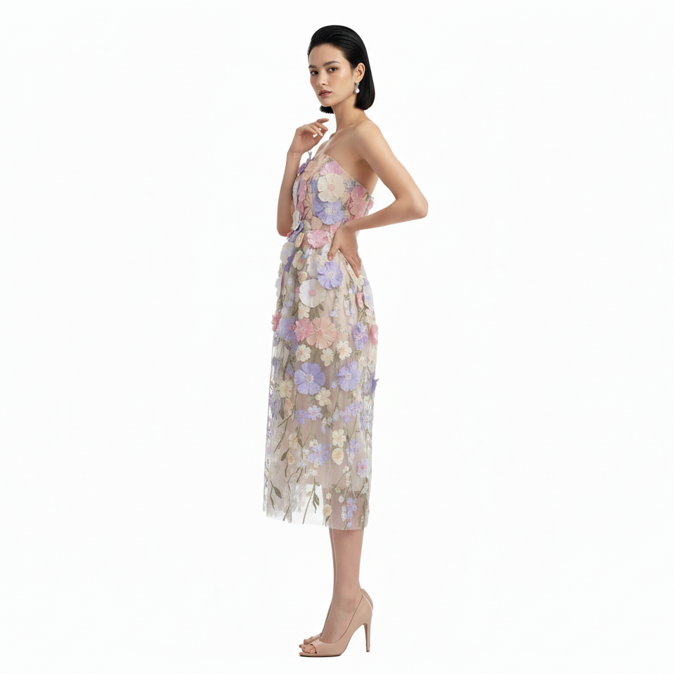 Embroidered Pink Bandeau Midi Dress.
