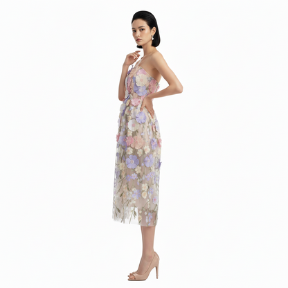 Embroidered Pink Bandeau Midi Dress.