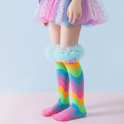 Girls' Vibrant Rainbow Wavy Stripe Knee-High Crazy Socks