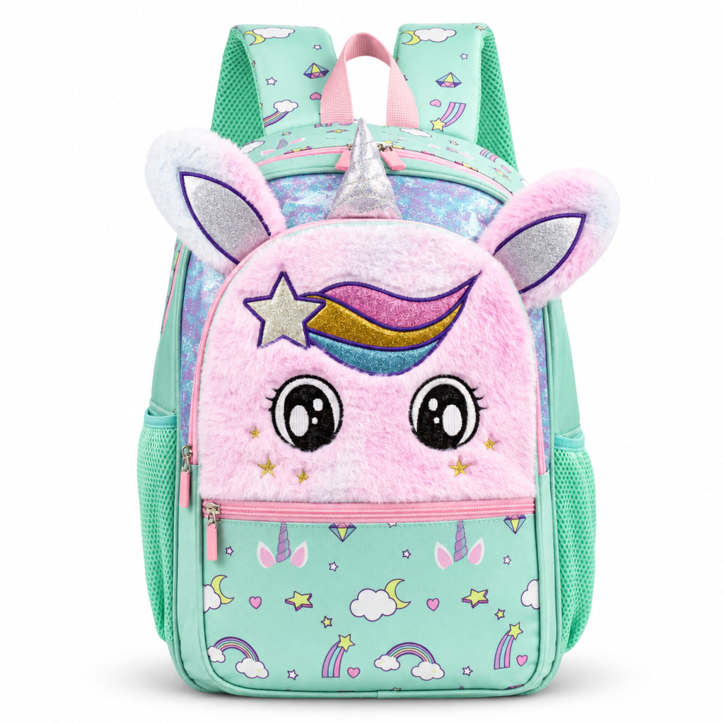 Girl's Fluffy Mint Green Unicorn School Backpack