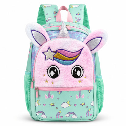 Girl's Fluffy Mint Green Unicorn School Backpack