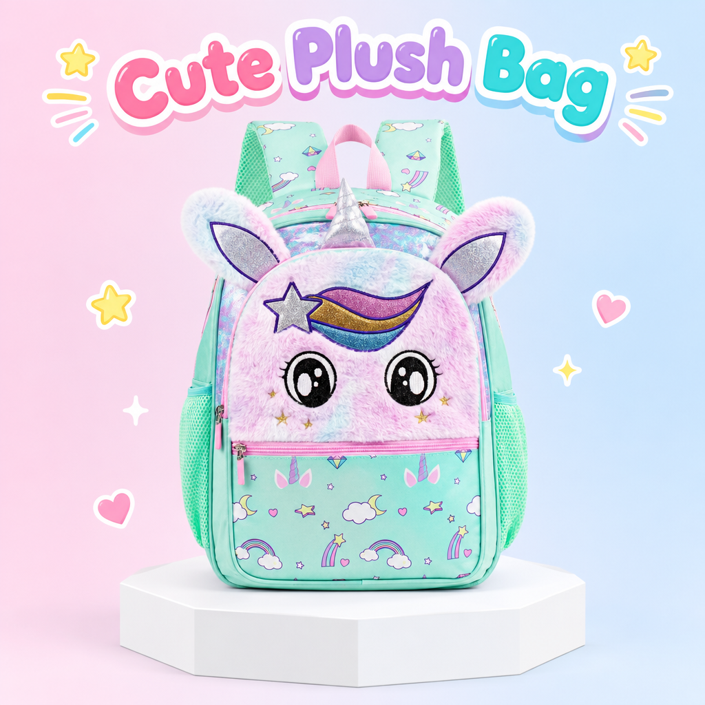 Girl's Fluffy Mint Green Unicorn School Backpack