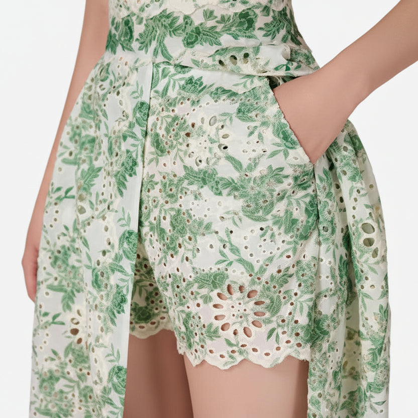 Mystique Embroidered Long Front Slit Corset Dress with Shorts.