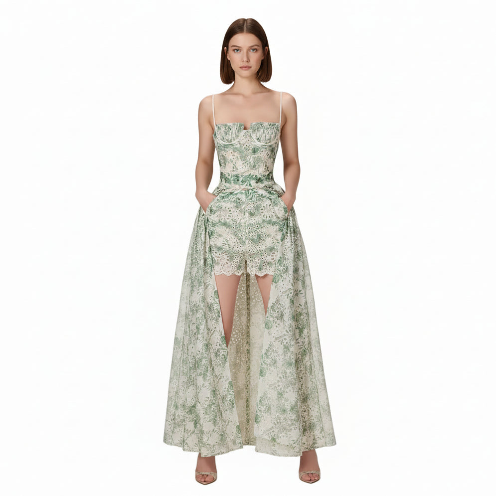 Mystique Embroidered Long Front Slit Corset Dress with Shorts.