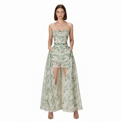 Mystique Embroidered Long Front Slit Corset Dress with Shorts.