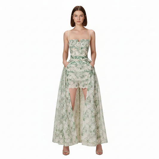Mystique Embroidered Long Front Slit Corset Dress with Shorts.