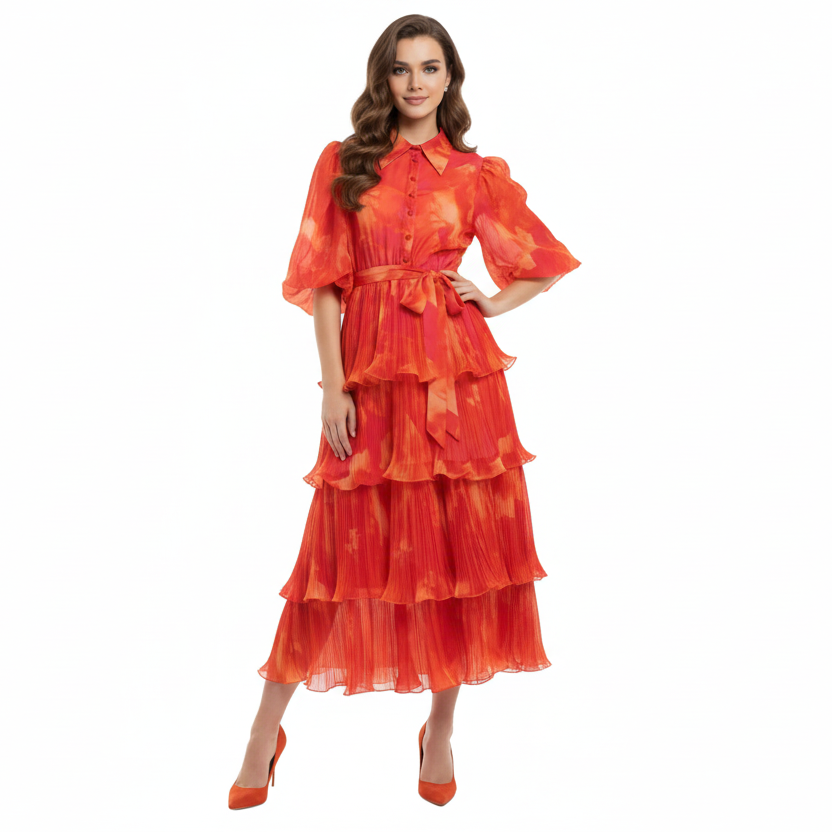 Roseate Puff Sleeve Volume Midi Dress