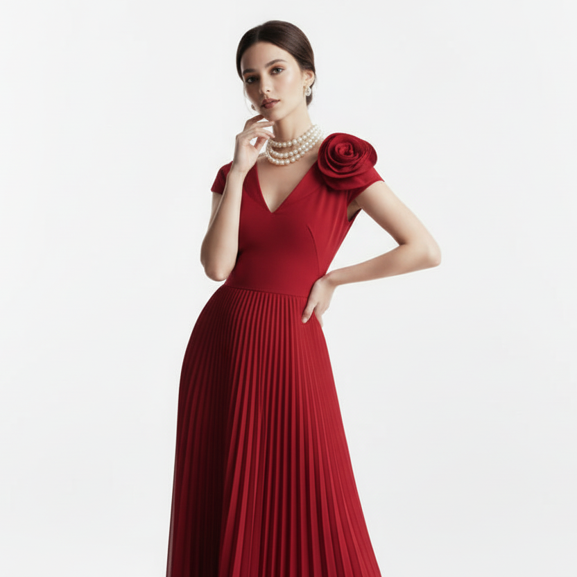 Fleur Applique Red Pleated Maxi Dress.