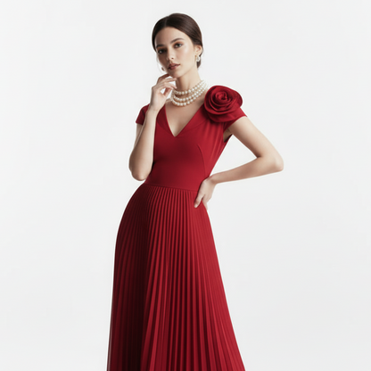 Fleur Applique Red Pleated Maxi Dress.