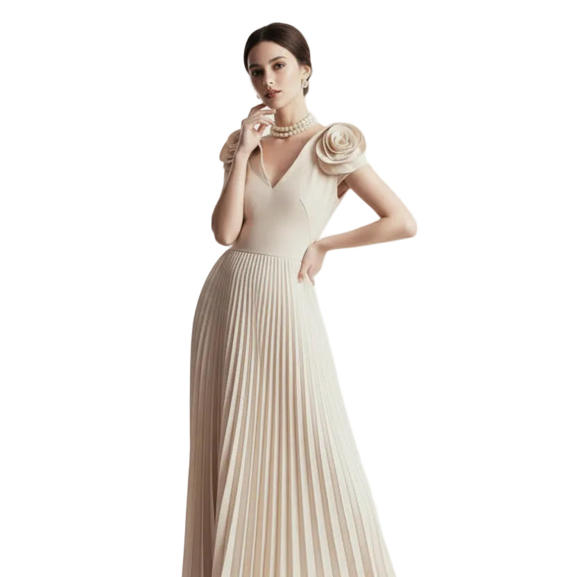 Fleur Applique Apricot Pleated Maxi Dress.