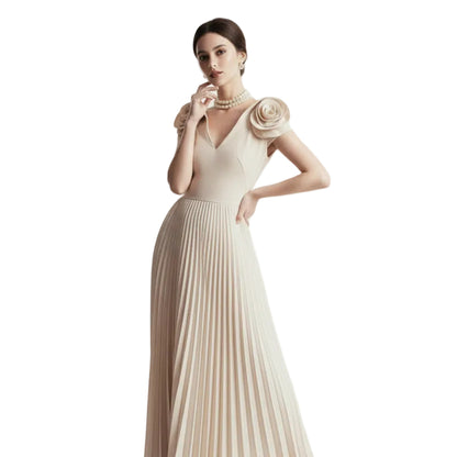 Fleur Applique Apricot Pleated Maxi Dress.
