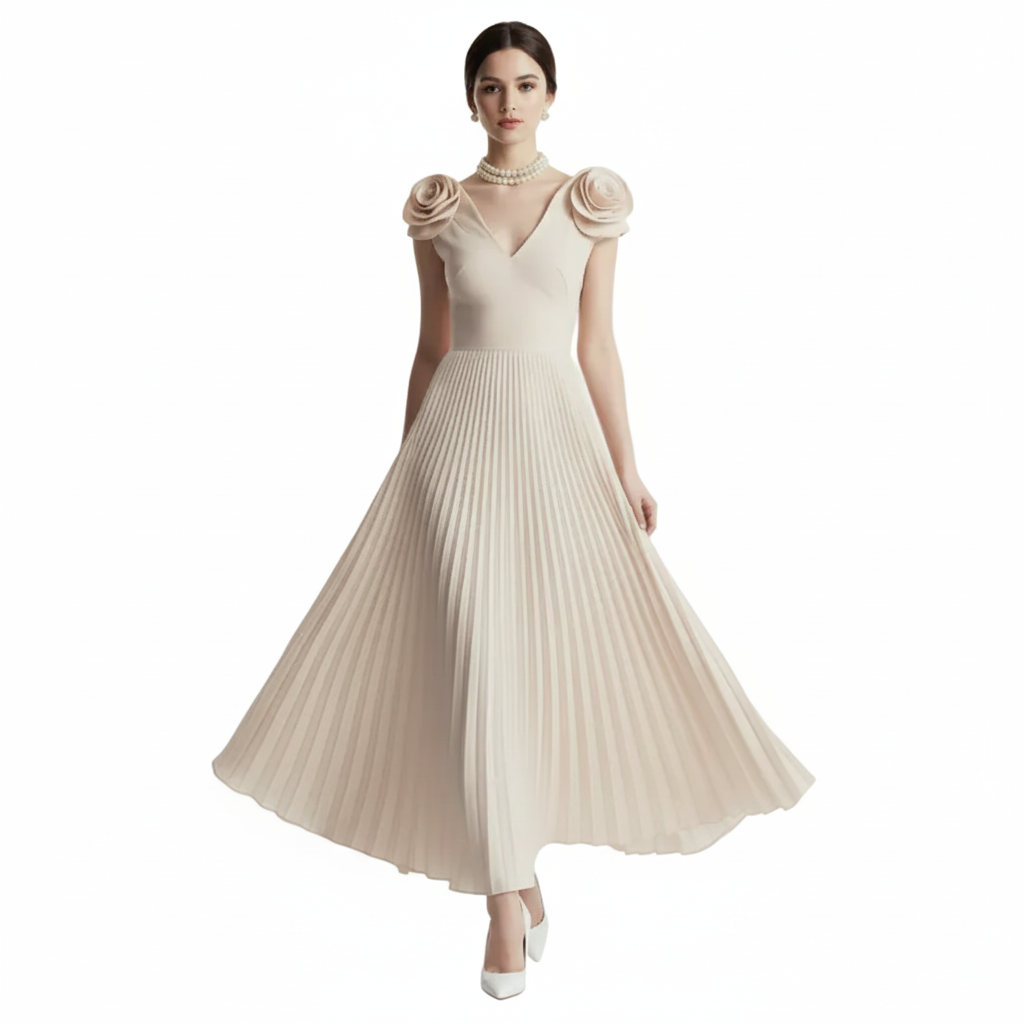 Fleur Applique Apricot Pleated Maxi Dress.