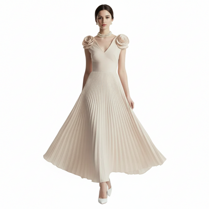 Fleur Applique Apricot Pleated Maxi Dress.