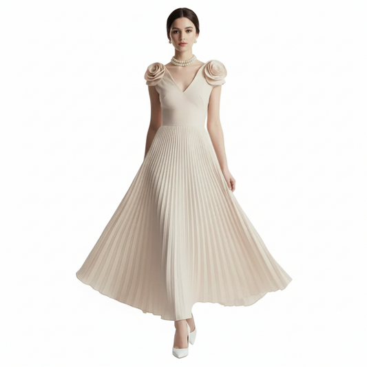 Fleur Applique Apricot Pleated Maxi Dress.
