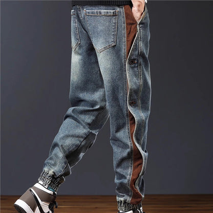 Men's Retro Denim Joggers with Corduroy Trim