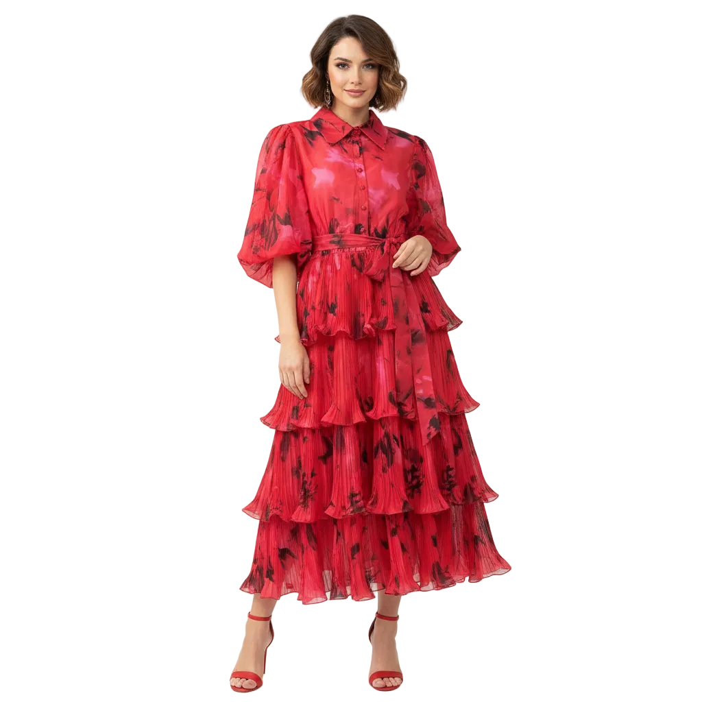 Roseate Puff Sleeve Volume Midi Dress