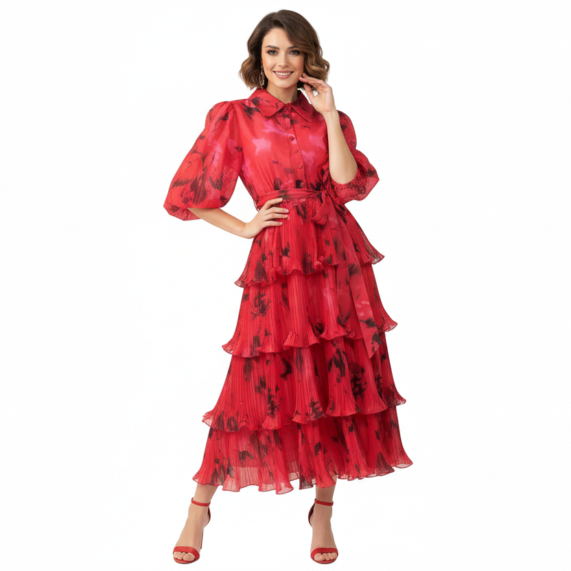 Roseate Puff Sleeve Volume Midi Dress