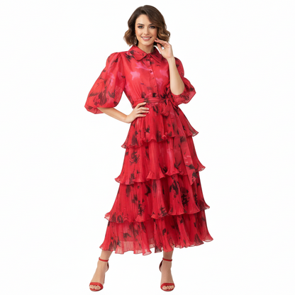 Roseate Puff Sleeve Volume Midi Dress