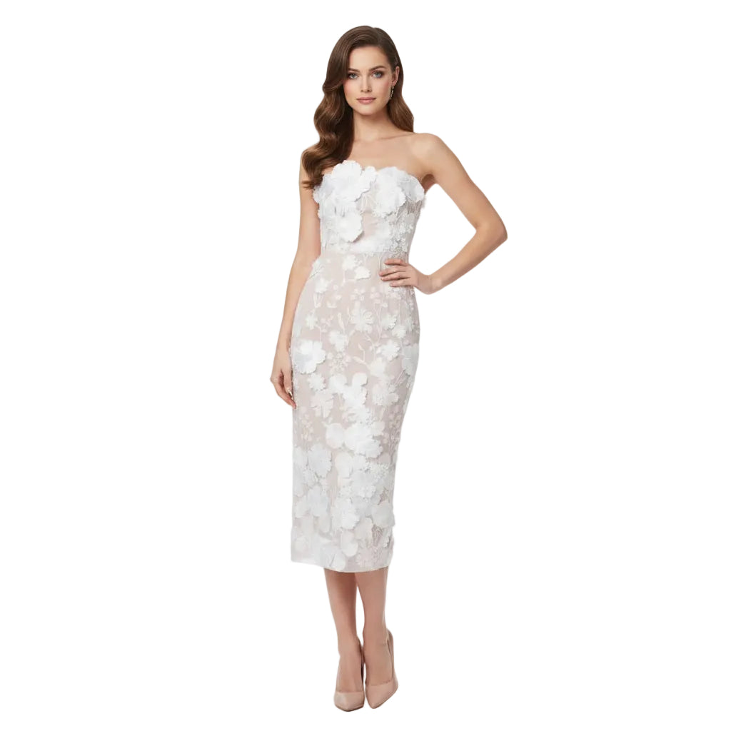 Fleur Embroidered Bandeau Midi Sheath Dress.