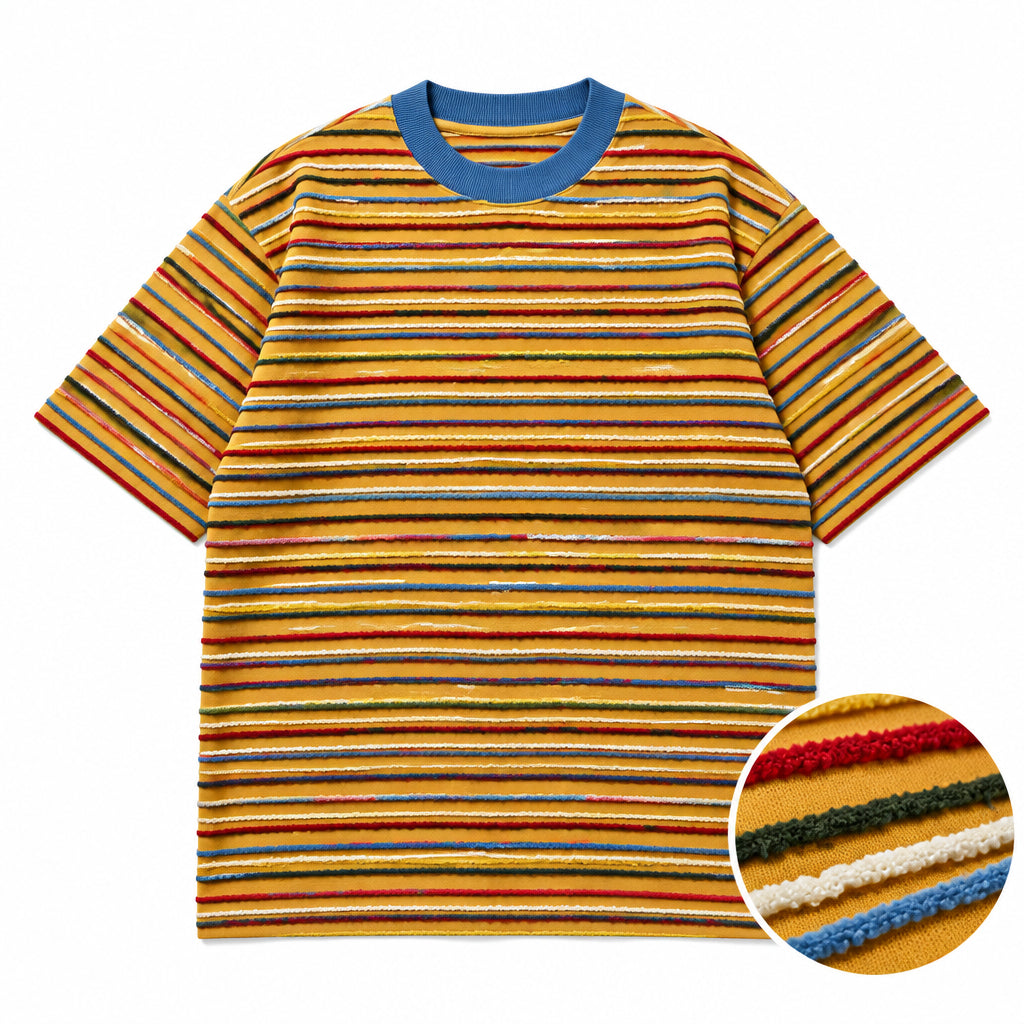 Jacquard Retro Textured Multi-Color Striped T-Shirt