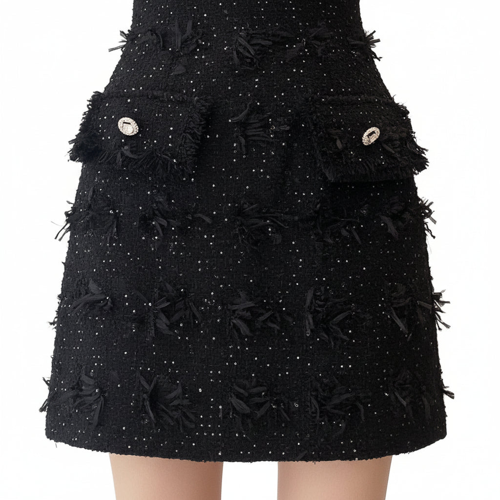 Prestige Tweed Jeweled Neckline Halter Mini Dress.