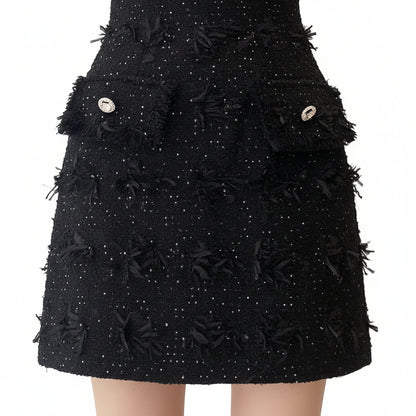 Prestige Tweed Jeweled Neckline Halter Mini Dress.
